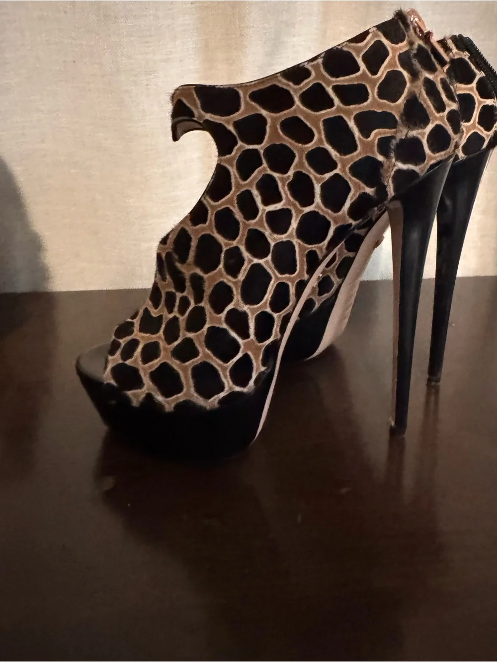 Ruthie Davis Giraffe-Print Tan and Black Peep-Toe Platform Heels